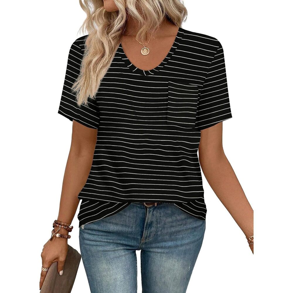 Woman Short Sleeve Tshirts Casual Summer Clothes Black and White Striped